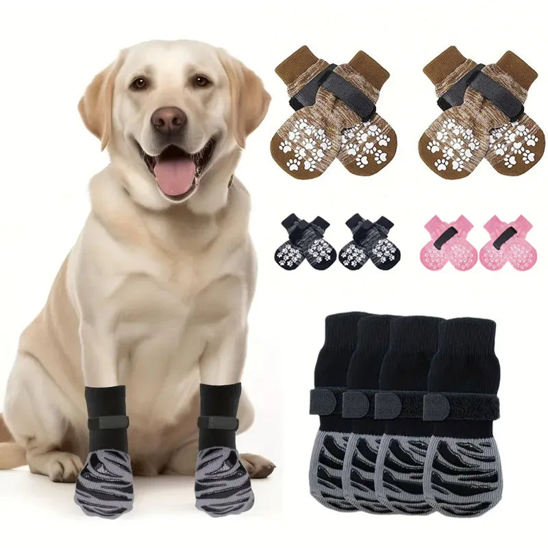 Anti-Slip Dog Socks 4pcs Paw Protector Traction Control Adjustable Indoor Wear Knitted Pet Socks Machine Washable