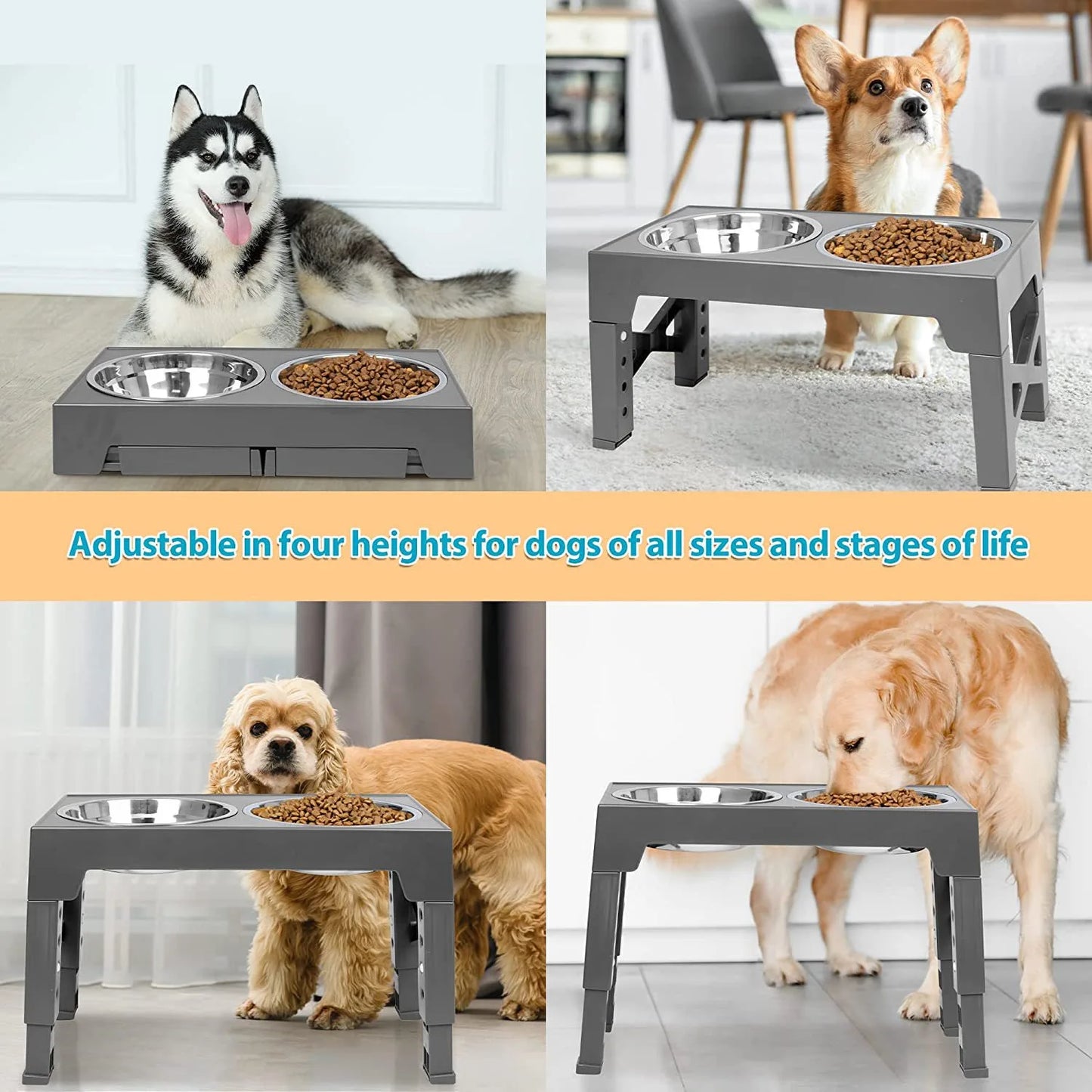 Elevated Dog Feeder Dogs Bowls Adjustable Raised Stand with Double Stainless Steel Food Water Bowls for Small Medium Large Dogs