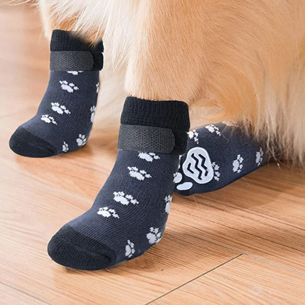 Anti-Slip Dog Socks 4pcs Paw Protector Traction Control Adjustable Indoor Wear Knitted Pet Socks Machine Washable